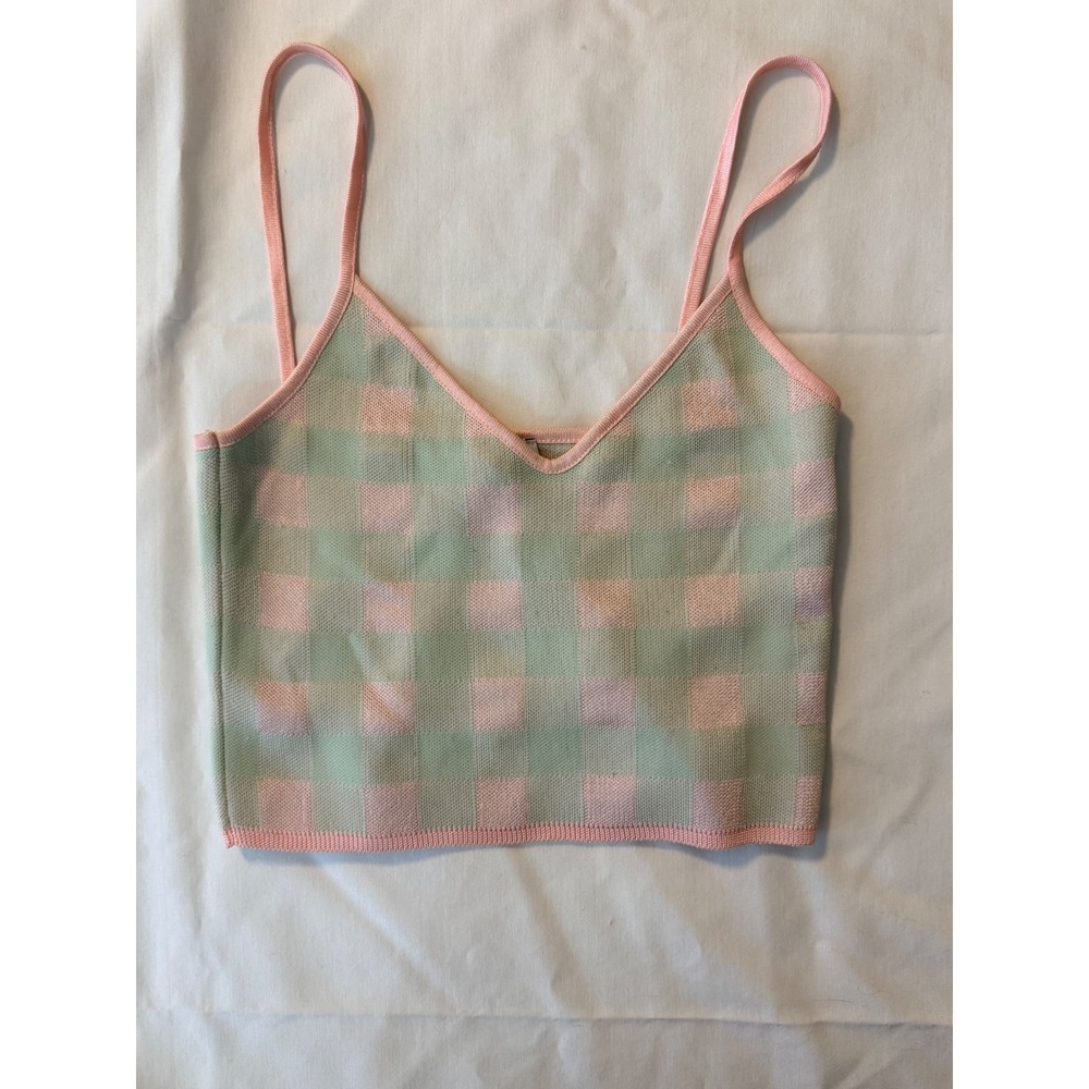 Zara Women Pink Mint Green Checkered Knit Crop Cami Tank Top Size M